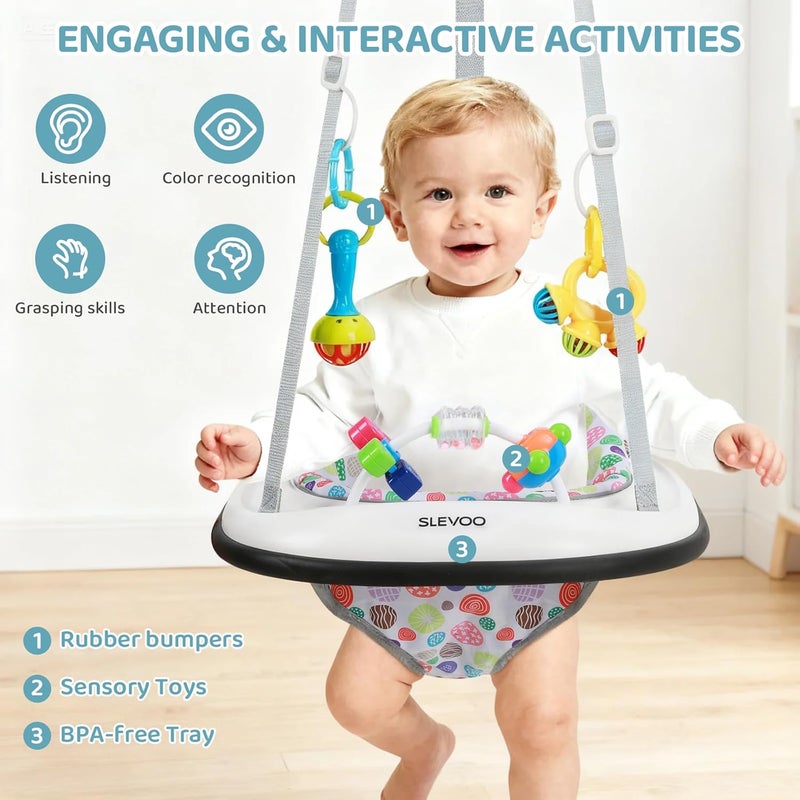 Slevoo Baby Jumper, Baby Door Jumper with Bumper, Play Tray and Two Jingle Rattles, Joyful Bubbles - Image 4